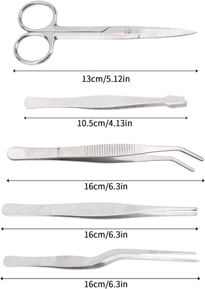 5pcs Plant Tweezers and Scissors, Long Stainless Steel Garden Bend Tongs Set with Straight Curved Flat Point Tip Multiple-Use Gardening Tools for Bonsai Reptile Feeding Kitchen Use