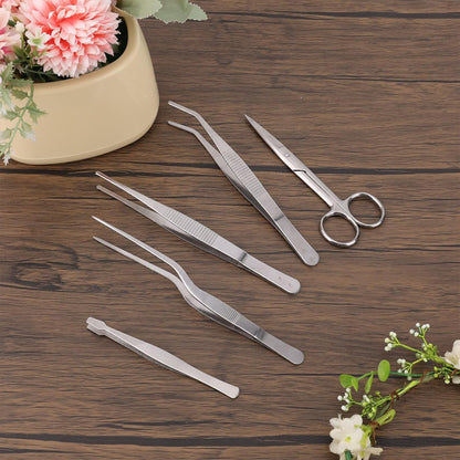 5pcs Plant Tweezers and Scissors, Long Stainless Steel Garden Bend Tongs Set with Straight Curved Flat Point Tip Multiple-Use Gardening Tools for Bonsai Reptile Feeding Kitchen Use