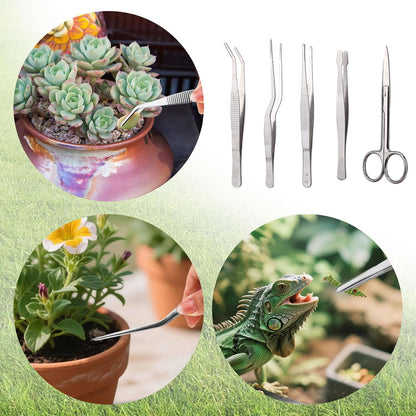5pcs Plant Tweezers and Scissors, Long Stainless Steel Garden Bend Tongs Set with Straight Curved Flat Point Tip Multiple-Use Gardening Tools for Bonsai Reptile Feeding Kitchen Use