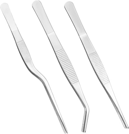 5pcs Plant Tweezers and Scissors, Long Stainless Steel Garden Bend Tongs Set with Straight Curved Flat Point Tip Multiple-Use Gardening Tools for Bonsai Reptile Feeding Kitchen Use