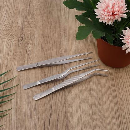 5pcs Plant Tweezers and Scissors, Long Stainless Steel Garden Bend Tongs Set with Straight Curved Flat Point Tip Multiple-Use Gardening Tools for Bonsai Reptile Feeding Kitchen Use