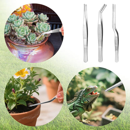 5pcs Plant Tweezers and Scissors, Long Stainless Steel Garden Bend Tongs Set with Straight Curved Flat Point Tip Multiple-Use Gardening Tools for Bonsai Reptile Feeding Kitchen Use