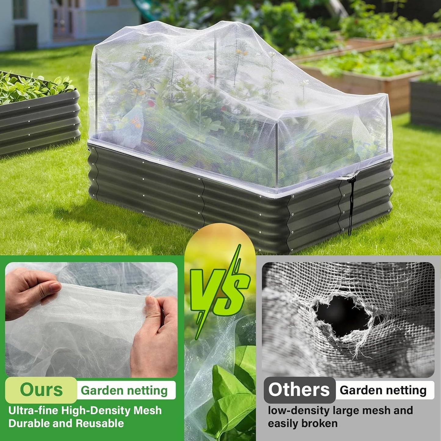 KEOHOL 3-Pack Garden Netting for Raised Beds, 4.9×2.3×1.4 Ft Rectangular Plant Covers with Ultra-fine Mesh, UV Protected HDPE Plant Netting for Vegetables Flowers Fruits