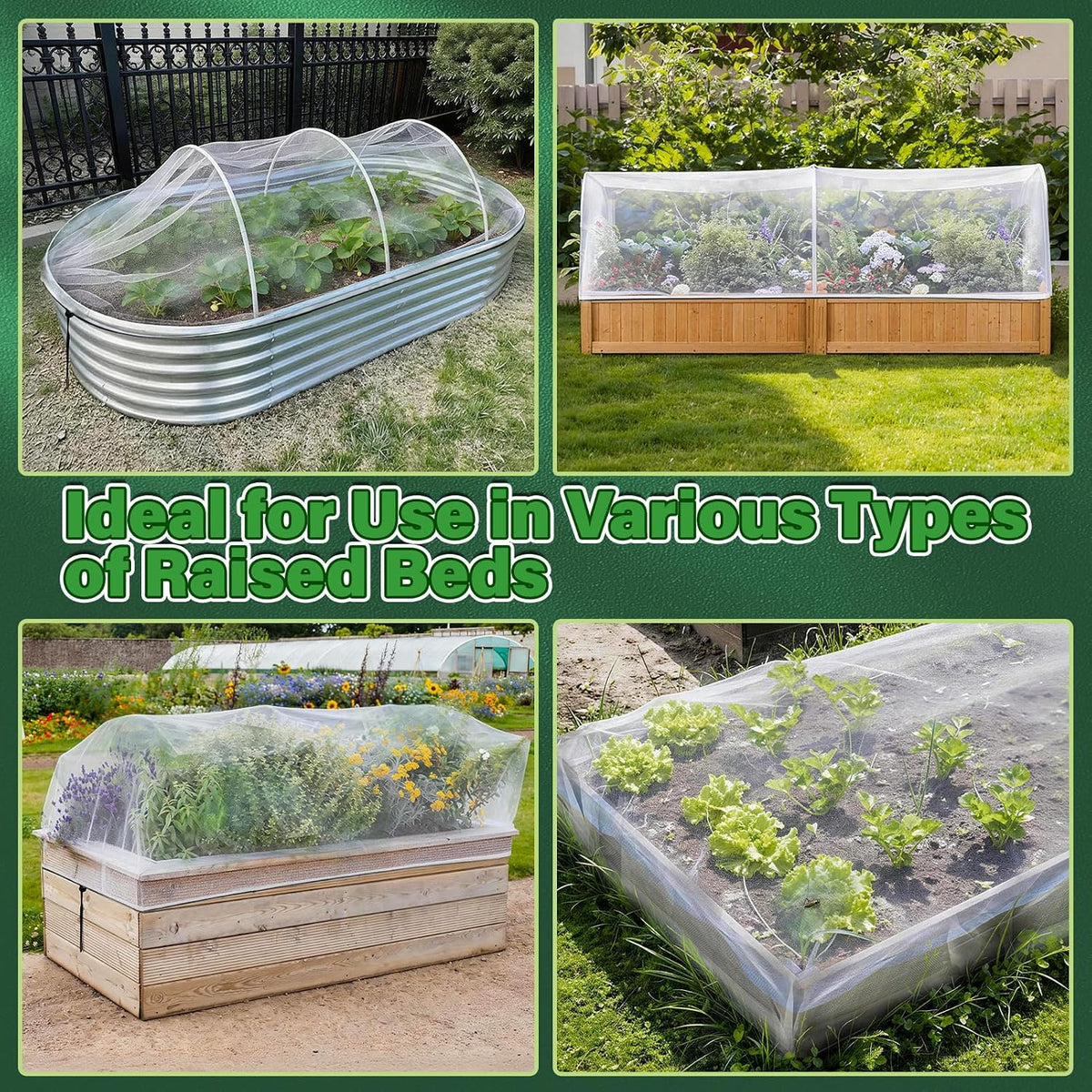 KEOHOL 3-Pack Garden Netting for Raised Beds, 4.9×2.3×1.4 Ft Rectangular Plant Covers with Ultra-fine Mesh, UV Protected HDPE Plant Netting for Vegetables Flowers Fruits
