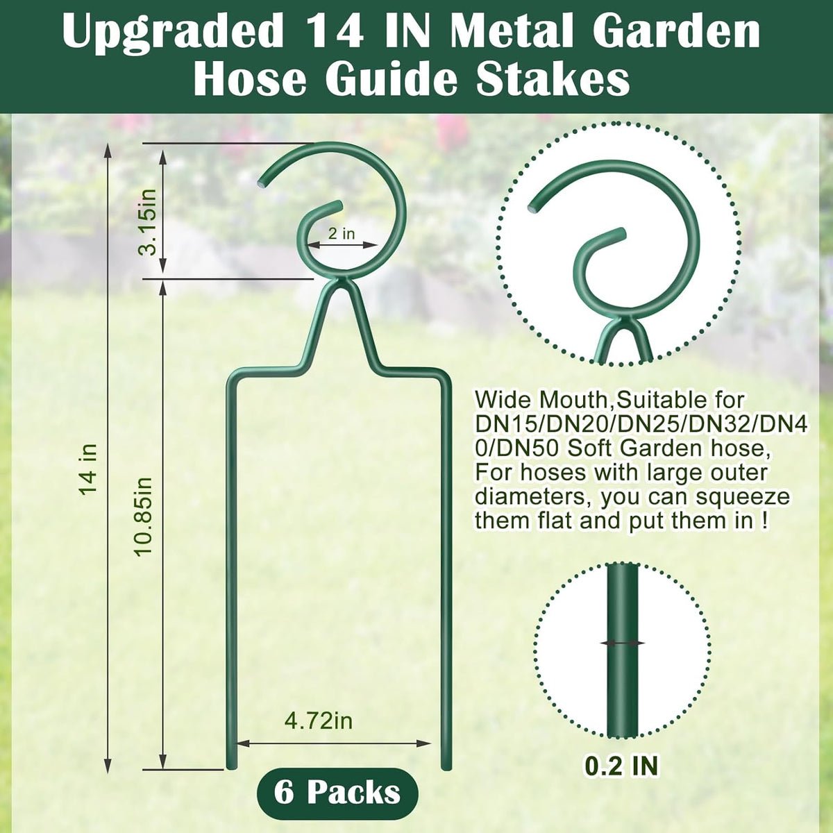 6Pcs Metal Hose Guide Stakes 14 Inch Garden Hose Holder Stake, Heavy Duty Hose Support Hose Guide Spike for Outside Yard Lawn, Keeps Garden Hose Out of Flower Beds for Plant Protection