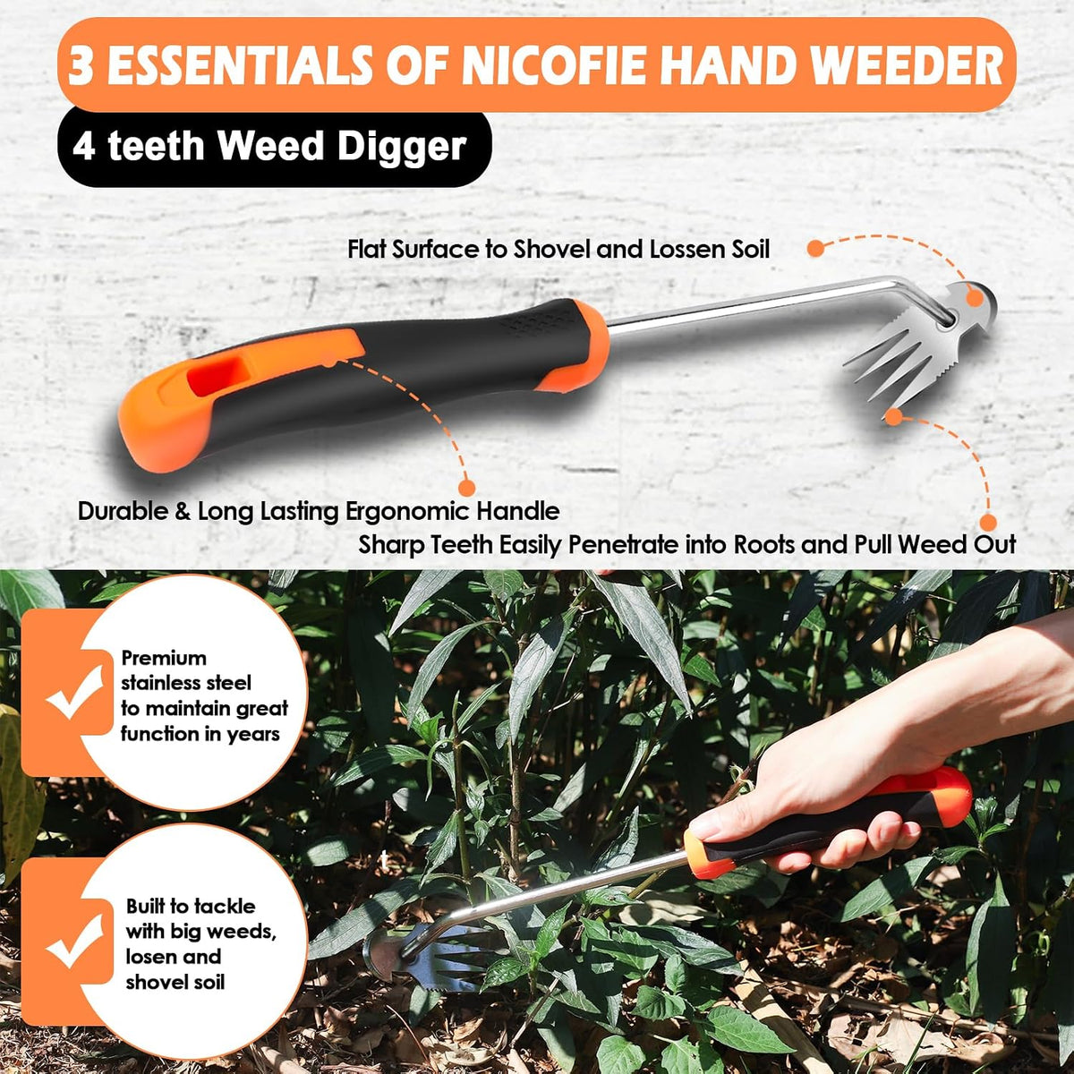 2026 Hand Weeder Tool, Rubber Handle Manual Weeder Puller Tool, Uprooting Weeding Tools, Crack Weeder Crevice, 4 Teeth Weeding Tool, Weeding Artifact Tool for Gardening(3 Pcs)