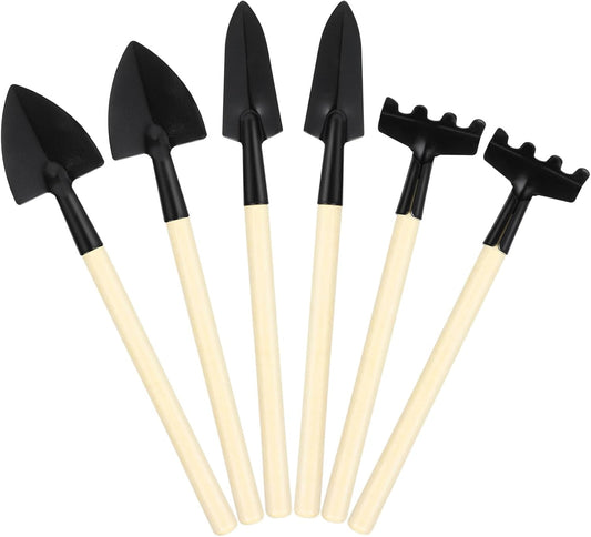 Mini Gardening Tool Set 6pcs – Hand Shovel, Transplant Trowel, and Hand Rake with Wooden Handles for Planting, Digging, and Soil Loosening in Potted Plants and Small Gardens