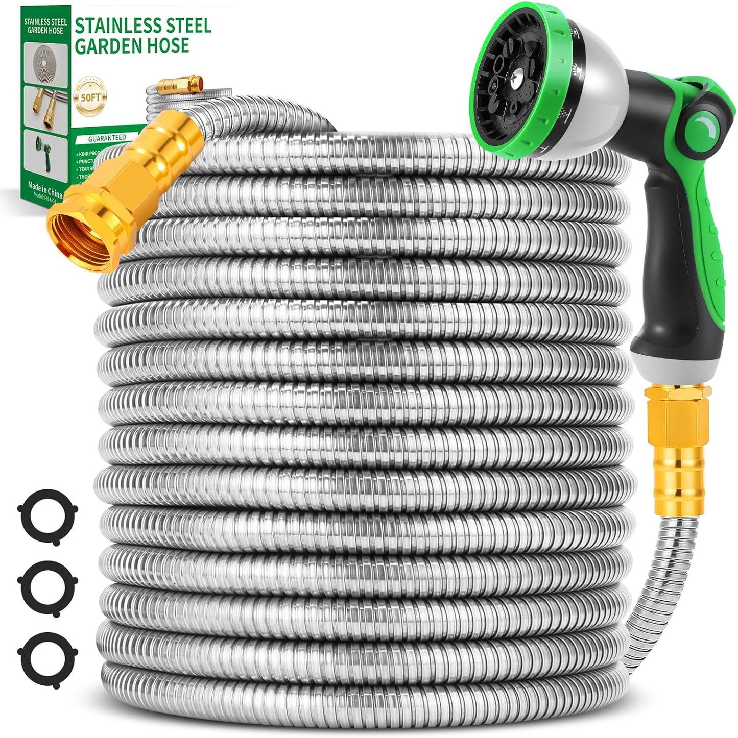 Garden Hose 50FT, Stainless Steel Metal Water Hose with 10-Function Nozzle
