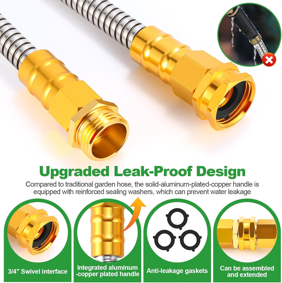 Garden Hose 50FT, Stainless Steel Metal Water Hose with 10-Function Nozzle