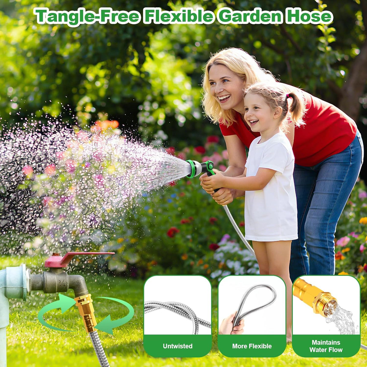 Garden Hose 50FT, Stainless Steel Metal Water Hose with 10-Function Nozzle