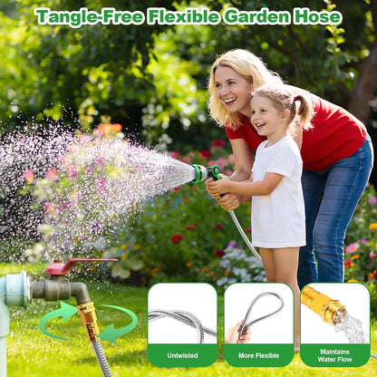 Garden Hose 50FT, Stainless Steel Metal Water Hose with 10-Function Nozzle