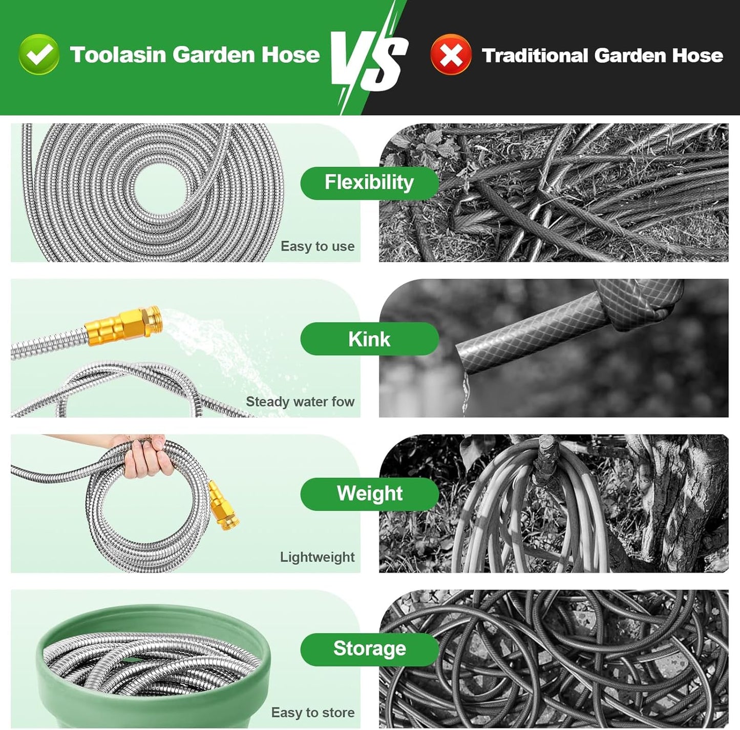 Garden Hose 50FT, Stainless Steel Metal Water Hose with 10-Function Nozzle