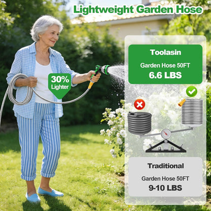 Garden Hose 50FT, Stainless Steel Metal Water Hose with 10-Function Nozzle