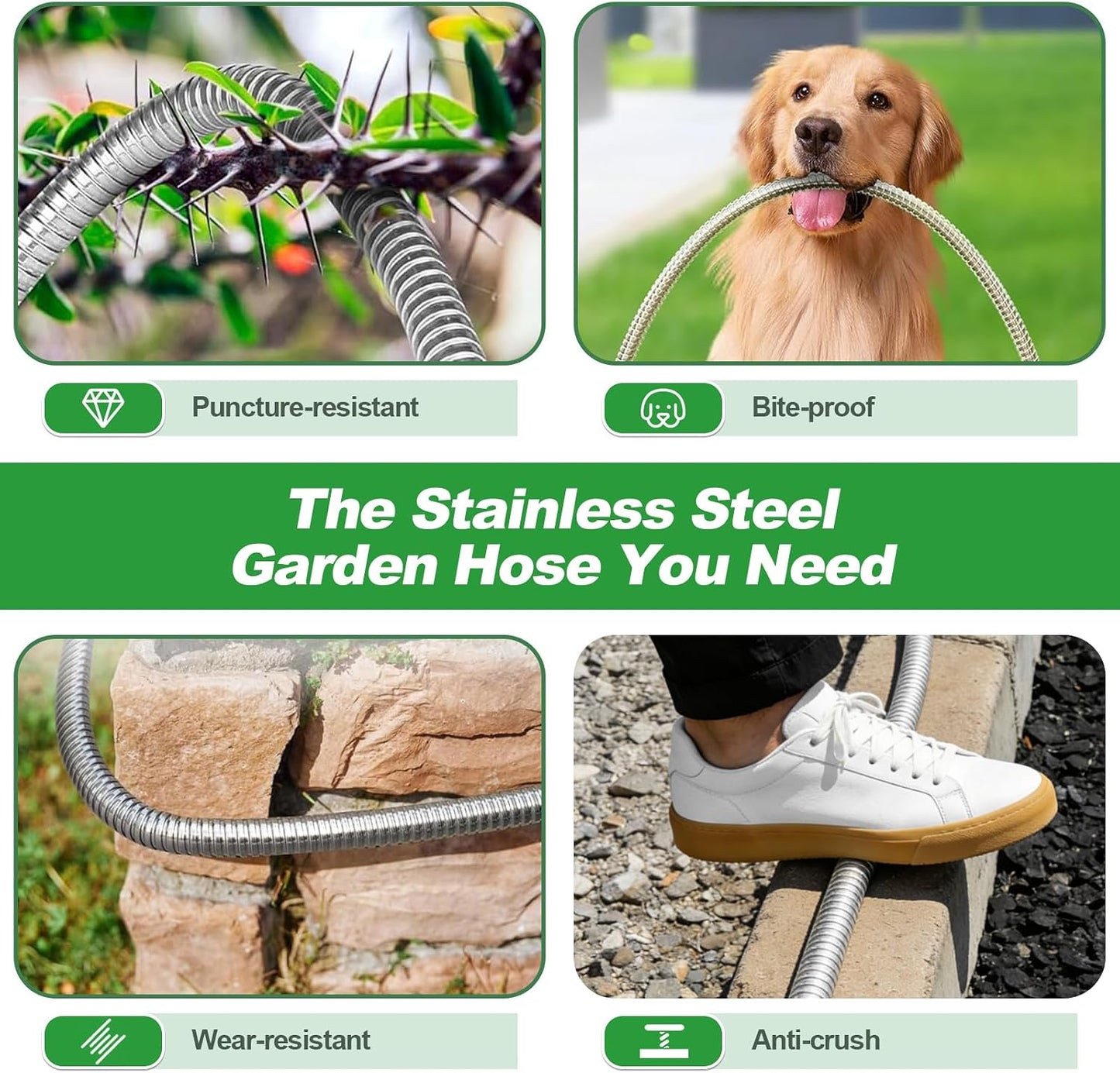Garden Hose 50FT, Stainless Steel Metal Water Hose with 10-Function Nozzle