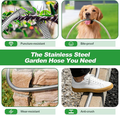 Garden Hose 50FT, Stainless Steel Metal Water Hose with 10-Function Nozzle