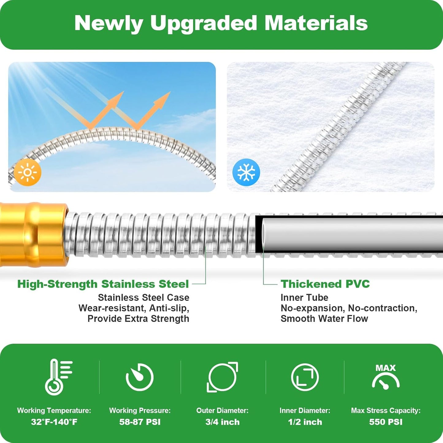 Garden Hose 50FT, Stainless Steel Metal Water Hose with 10-Function Nozzle