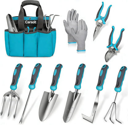 Gardening Tools, 10 Piece Heavy Duty Stainless Steel Garden Tools Set with Ergonomic Rubber Handle. Variety of Gardening Hand Tools with Gift Box Ideal Garden Gifts for Women