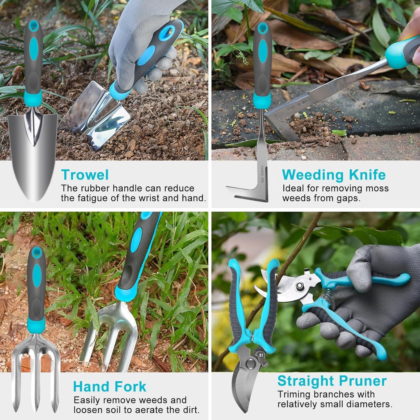 Gardening Tools, 10 Piece Heavy Duty Stainless Steel Garden Tools Set with Ergonomic Rubber Handle. Variety of Gardening Hand Tools with Gift Box Ideal Garden Gifts for Women