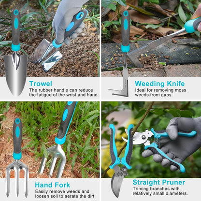 Gardening Tools, 10 Piece Heavy Duty Stainless Steel Garden Tools Set with Ergonomic Rubber Handle. Variety of Gardening Hand Tools with Gift Box Ideal Garden Gifts for Women