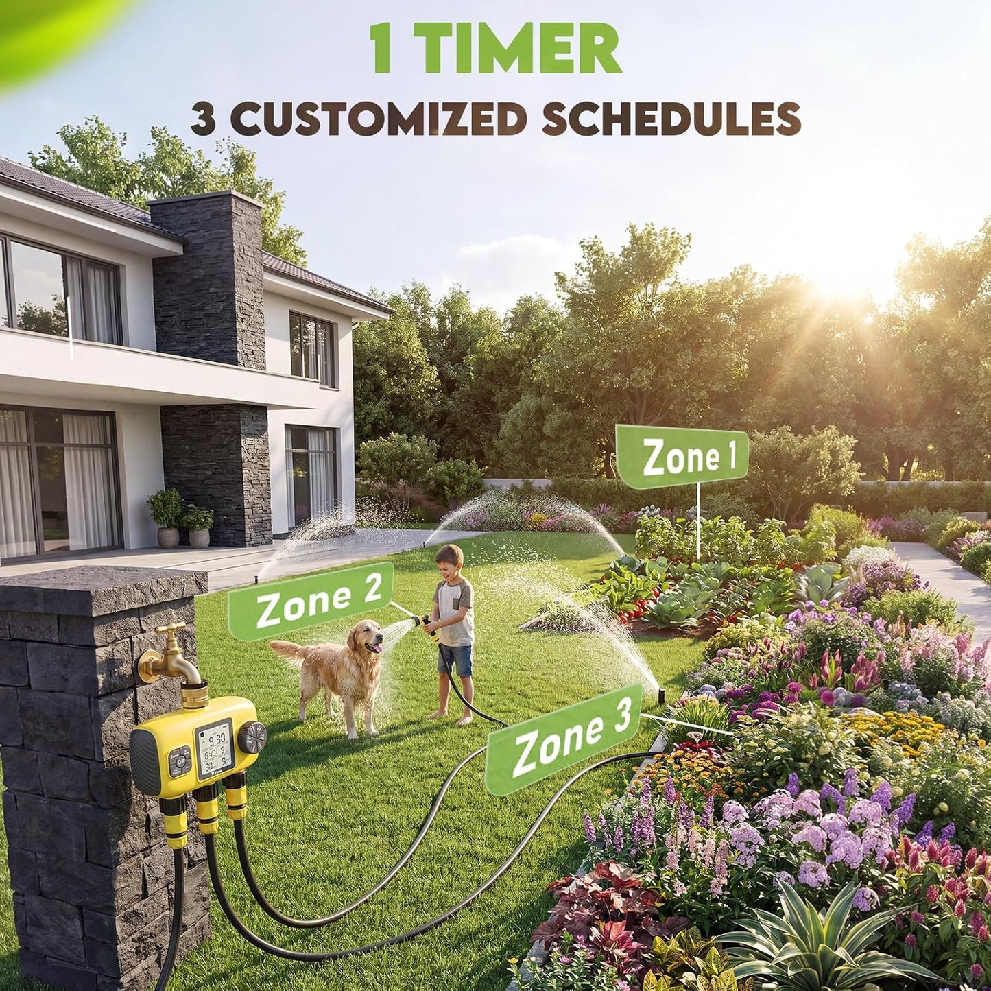 3 Zone Sprinkler Timer for Garden Hose, Brass Inlet Yard Irrigation