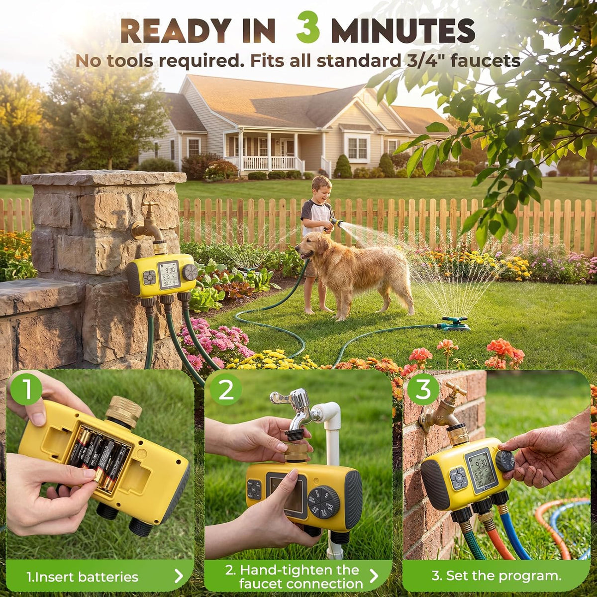 3 Zone Sprinkler Timer for Garden Hose, Brass Inlet Yard Irrigation