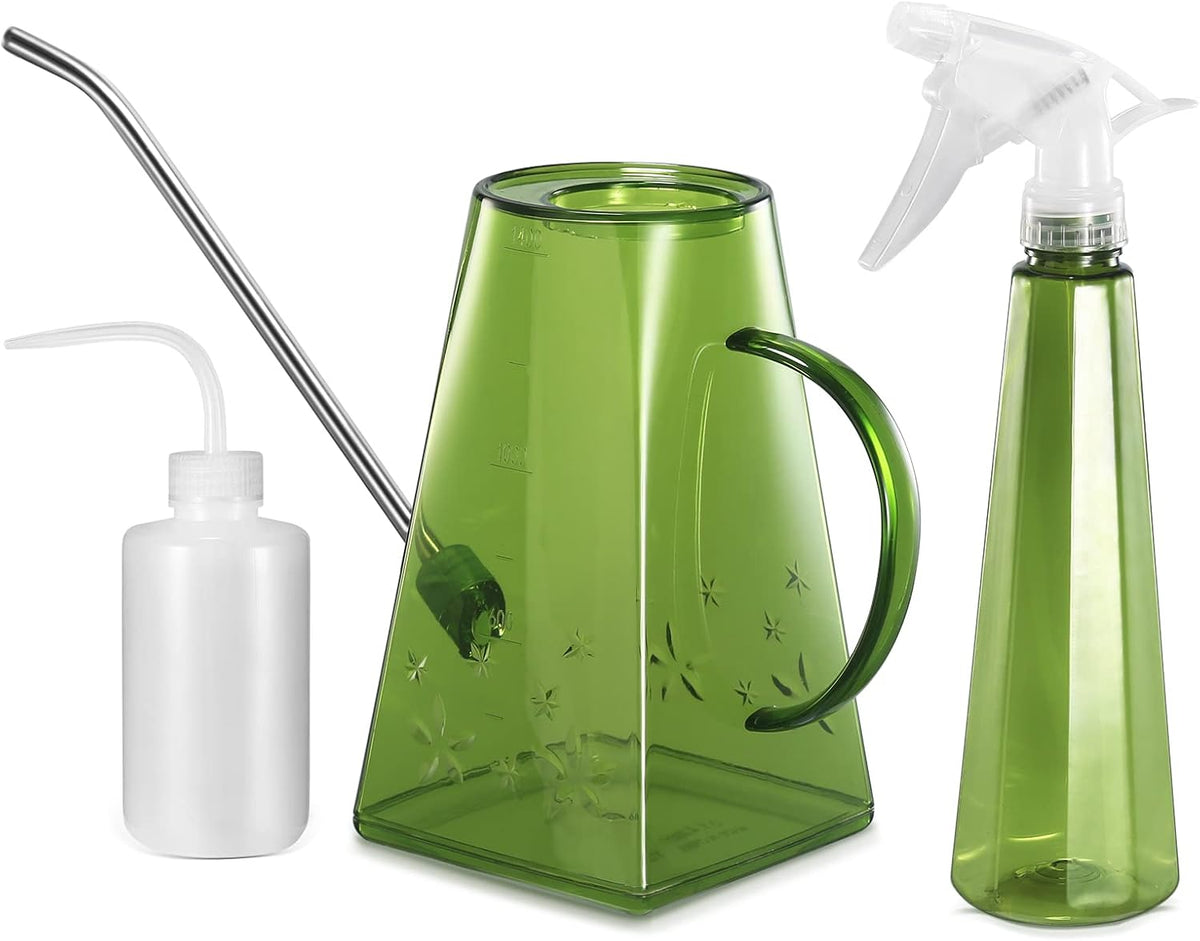Watering Can Indoor Plants, 47 oz Long Spout House Plant Flower Watering Can, Creative Wide Opening Plastic Watering Can with 16 oz Spray Bottle & 8.5 oz Squeeze Bottle, Green