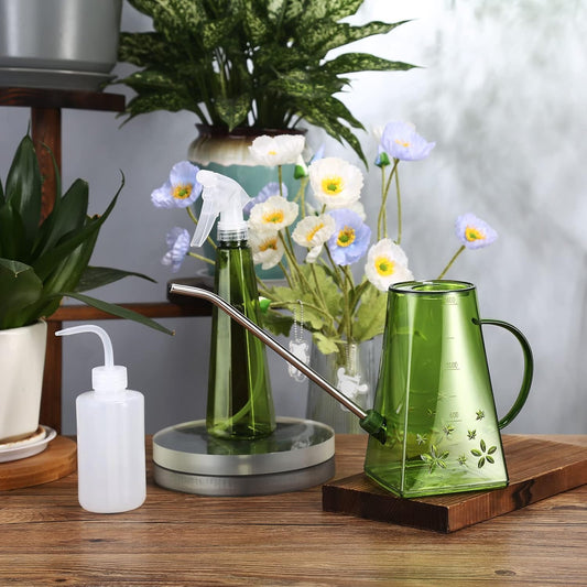 Watering Can Indoor Plants, 47 oz Long Spout House Plant Flower Watering Can, Creative Wide Opening Plastic Watering Can with 16 oz Spray Bottle & 8.5 oz Squeeze Bottle, Green