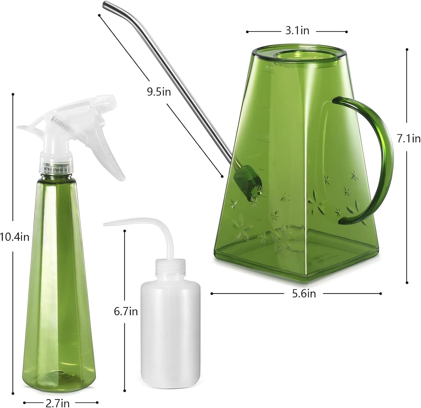 Watering Can Indoor Plants, 47 oz Long Spout House Plant Flower Watering Can, Creative Wide Opening Plastic Watering Can with 16 oz Spray Bottle & 8.5 oz Squeeze Bottle, Green