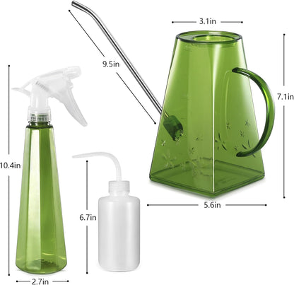 Watering Can Indoor Plants, 47 oz Long Spout House Plant Flower Watering Can, Creative Wide Opening Plastic Watering Can with 16 oz Spray Bottle & 8.5 oz Squeeze Bottle, Green