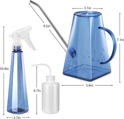 Watering Can Indoor Plants, 47 oz Long Spout House Plant Flower Watering Can, Creative Wide Opening Plastic Watering Can with 16 oz Spray Bottle & 8.5 oz Squeeze Bottle, Green