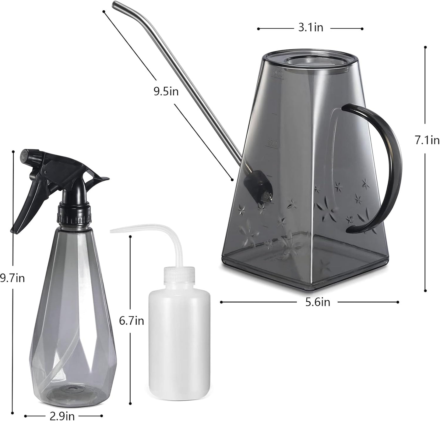 Watering Can Indoor Plants, 47 oz Long Spout House Plant Flower Watering Can, Creative Wide Opening Plastic Watering Can with 16 oz Spray Bottle & 8.5 oz Squeeze Bottle, Green