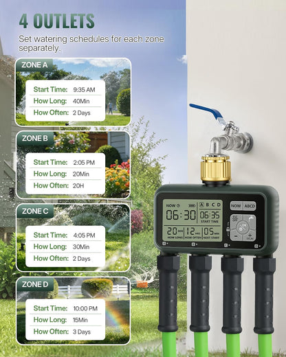 4 Zone Brass Sprinkler Timer, Garden Hose Timer, Automatic Irrigation System, Programmable Faucet, 4 Outlets, with Rain Delay, Manual Mode,Child Lock, for Yard, Garden, Lawn, Green E14WT06