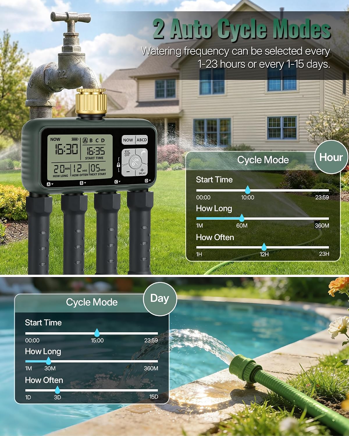4 Zone Brass Sprinkler Timer, Garden Hose Timer, Automatic Irrigation System, Programmable Faucet, 4 Outlets, with Rain Delay, Manual Mode,Child Lock, for Yard, Garden, Lawn, Green E14WT06