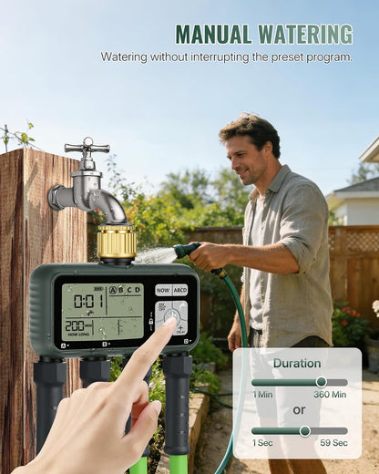 4 Zone Brass Sprinkler Timer, Garden Hose Timer, Automatic Irrigation System, Programmable Faucet, 4 Outlets, with Rain Delay, Manual Mode,Child Lock, for Yard, Garden, Lawn, Green E14WT06