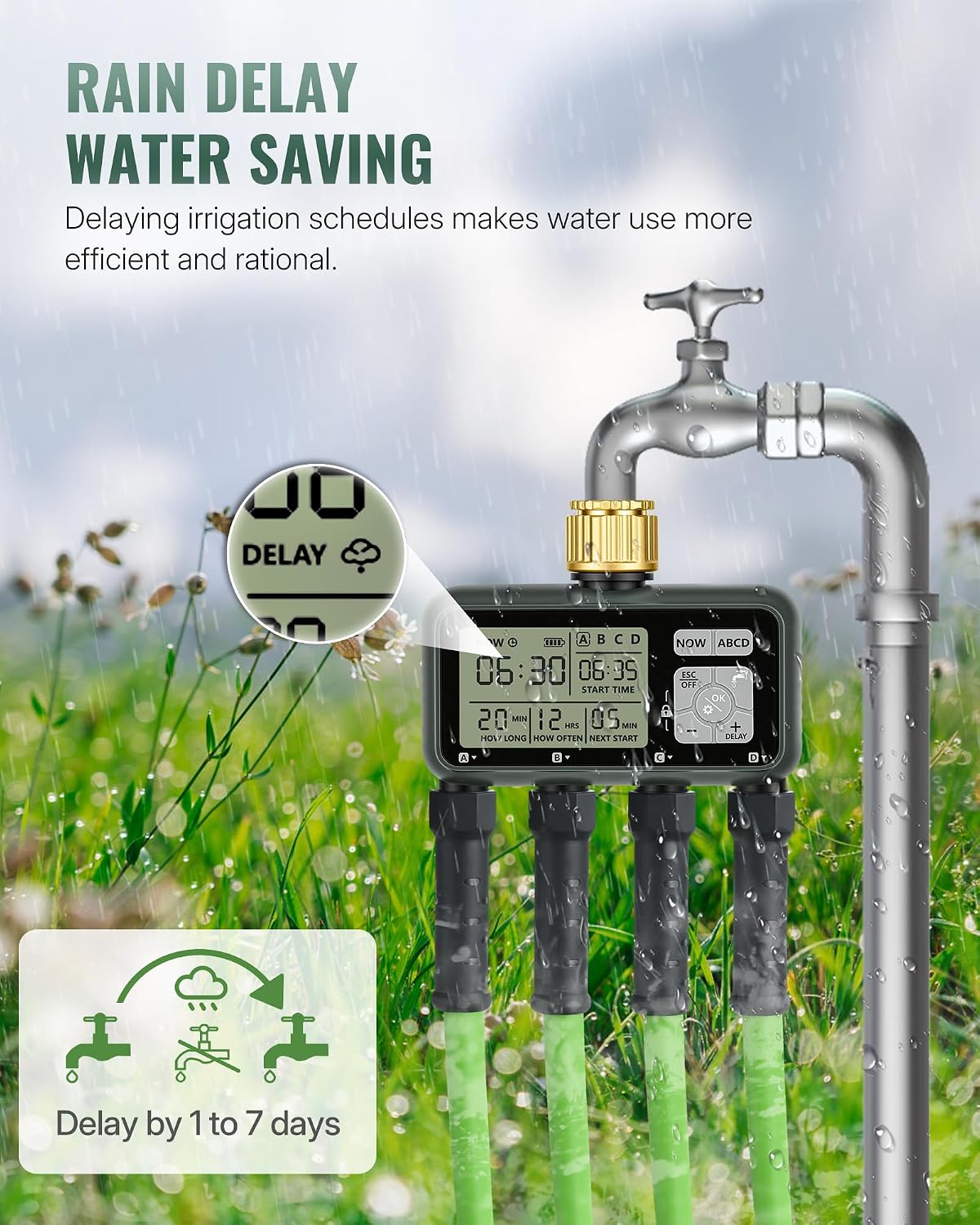 4 Zone Brass Sprinkler Timer, Garden Hose Timer, Automatic Irrigation System, Programmable Faucet, 4 Outlets, with Rain Delay, Manual Mode,Child Lock, for Yard, Garden, Lawn, Green E14WT06