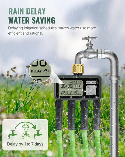 4 Zone Brass Sprinkler Timer, Garden Hose Timer, Automatic Irrigation System, Programmable Faucet, 4 Outlets, with Rain Delay, Manual Mode,Child Lock, for Yard, Garden, Lawn, Green E14WT06