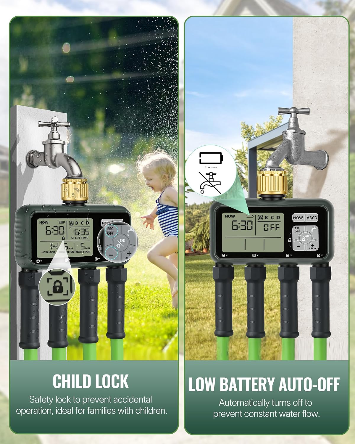 4 Zone Brass Sprinkler Timer, Garden Hose Timer, Automatic Irrigation System, Programmable Faucet, 4 Outlets, with Rain Delay, Manual Mode,Child Lock, for Yard, Garden, Lawn, Green E14WT06