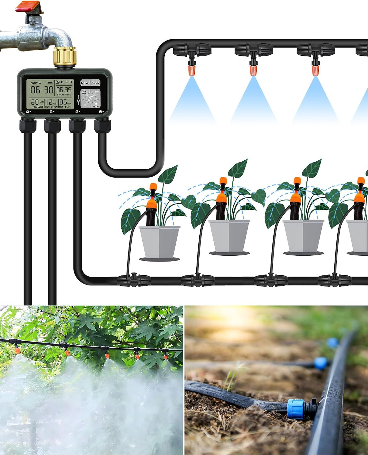 4 Zone Brass Sprinkler Timer, Garden Hose Timer, Automatic Irrigation System, Programmable Faucet, 4 Outlets, with Rain Delay, Manual Mode,Child Lock, for Yard, Garden, Lawn, Green E14WT06