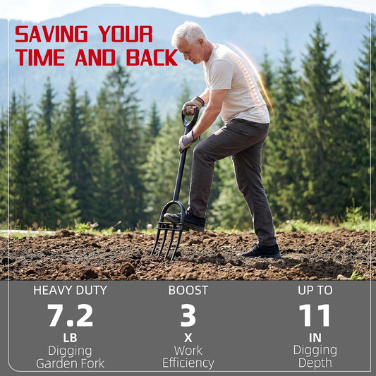 Garden Fork, Pitchforks for Digging Composting Spading, Long Hand Tiller & Cultivator - 5 Tine, 45 inches