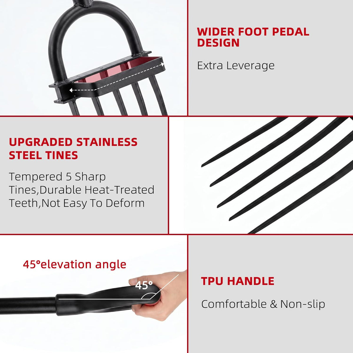 Garden Fork, Pitchforks for Digging Composting Spading, Long Hand Tiller & Cultivator - 5 Tine, 45 inches