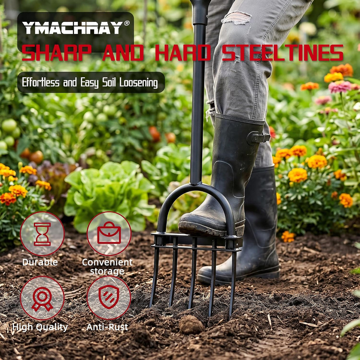 Garden Fork, Pitchforks for Digging Composting Spading, Long Hand Tiller & Cultivator - 5 Tine, 45 inches