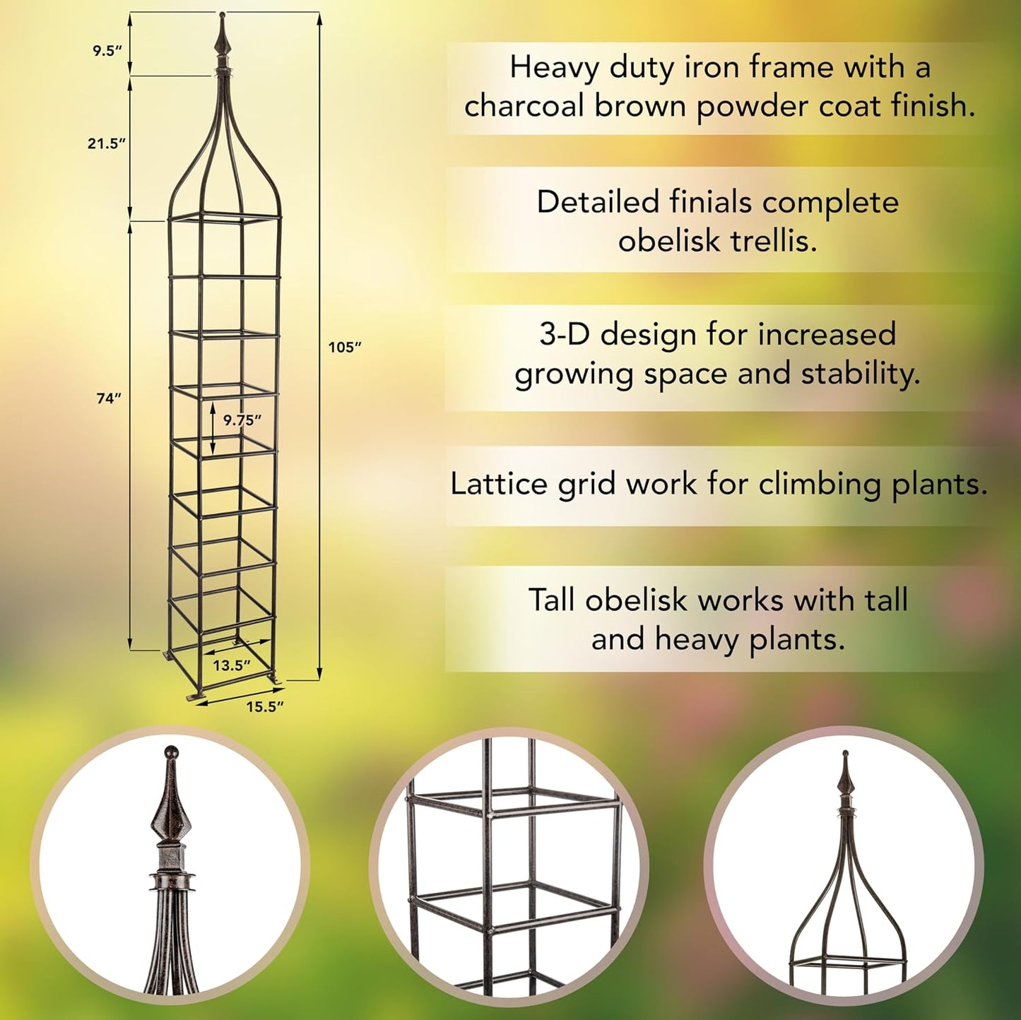 Trellis Obelisk Tall 15.5" Square x 105" H Metal Garden Decor Vertical Yard Art for Roses Climbing Plants Weather Resistant