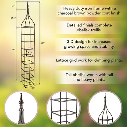 Trellis Obelisk Tall 15.5" Square x 105" H Metal Garden Decor Vertical Yard Art for Roses Climbing Plants Weather Resistant