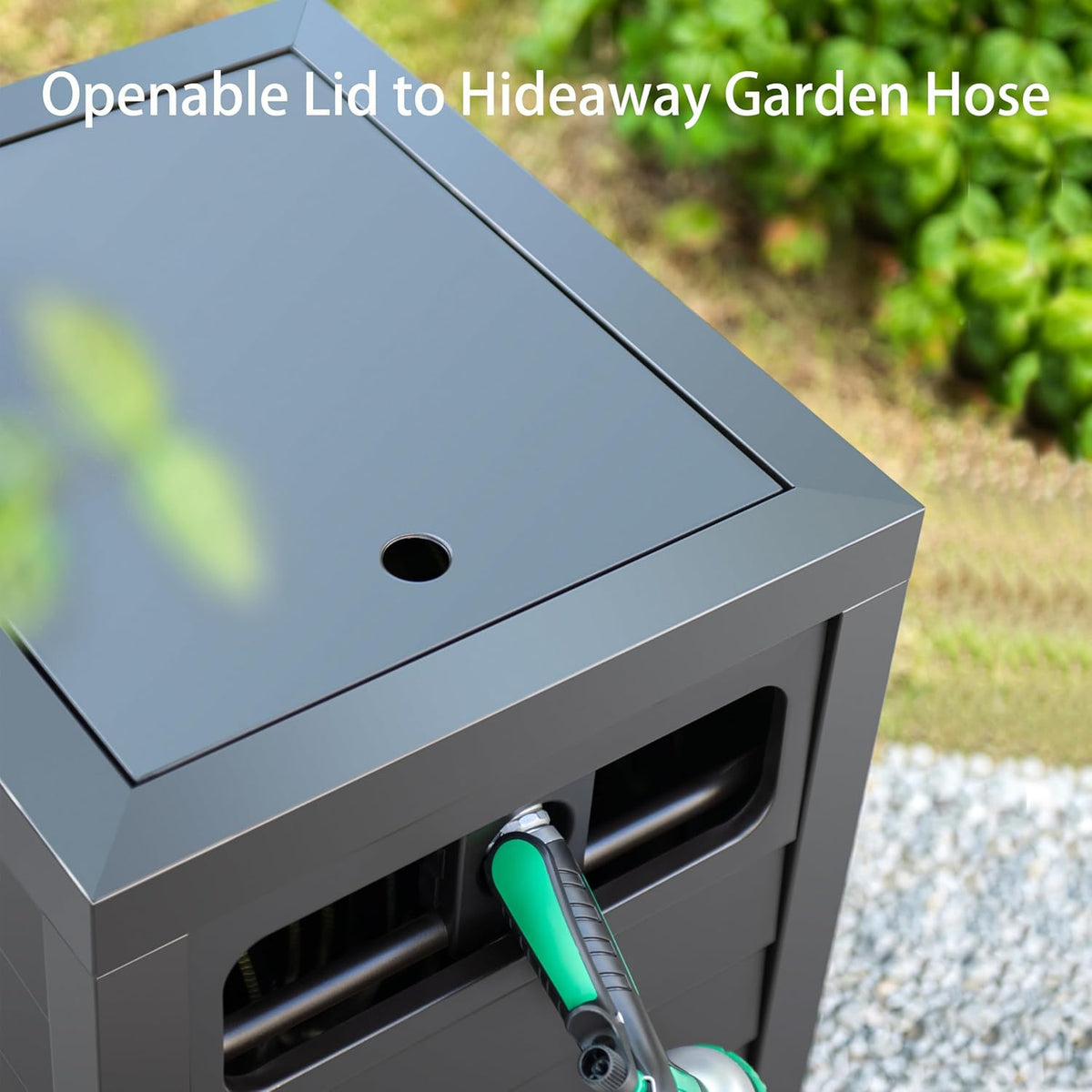 Metal Garden Hose Reel Deck box, Durable Steel Garden Hose Storage Box Cabinet, 150ft 5/8" Garden Hose Capacity. - Hose guide Manual Rewind, No-leak aluminum water connections