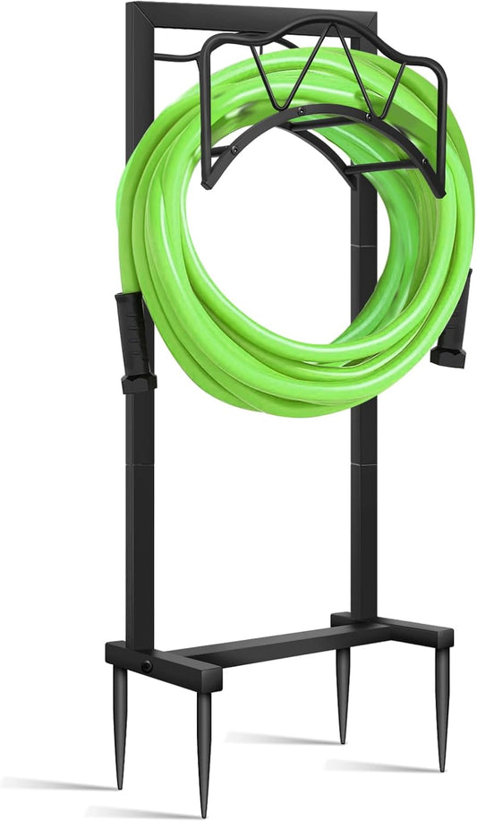Freestanding Outdoor Garden Hose Holder, Heavy Duty Metal Storage Stand with 4 Spikes, Space Saving Organizer for Patio, Lawn, Backyard, Holds up to 150ft Hose, Black
