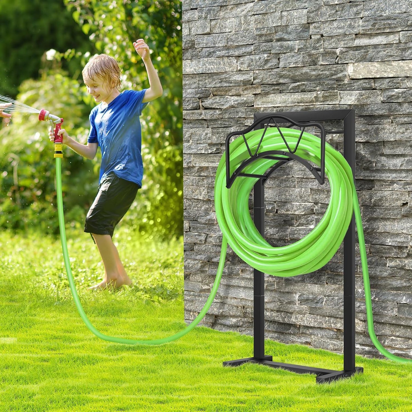 Freestanding Outdoor Garden Hose Holder, Heavy Duty Metal Storage Stand with 4 Spikes, Space Saving Organizer for Patio, Lawn, Backyard, Holds up to 150ft Hose, Black