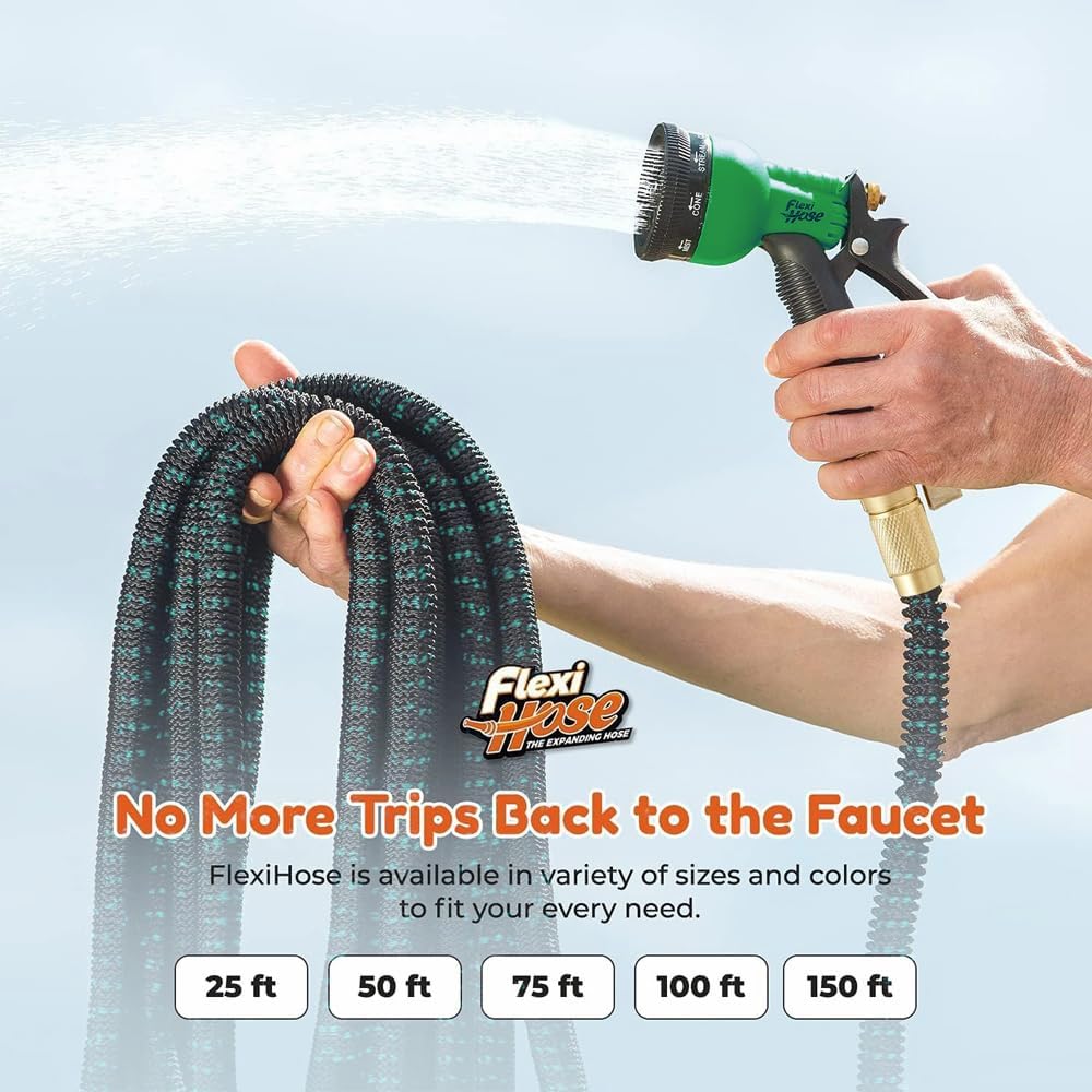 with 8 Function Nozzle, 25FT - Lightweight Expandable Garden Hose, No-Kink Flexibility, 3/4 Inch Solid Brass Fittings and Double Latex Core - Black and Green