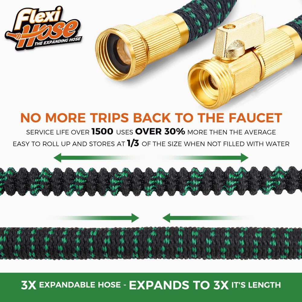 with 8 Function Nozzle, 25FT - Lightweight Expandable Garden Hose, No-Kink Flexibility, 3/4 Inch Solid Brass Fittings and Double Latex Core - Black and Green