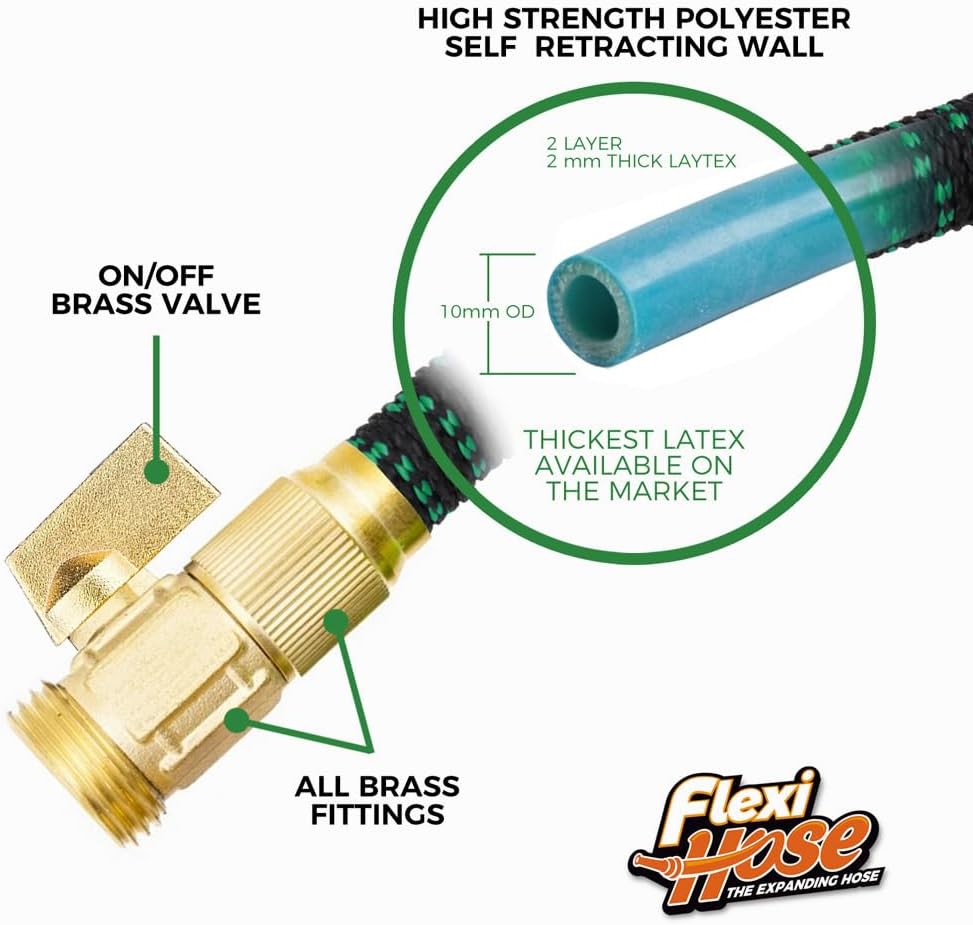 with 8 Function Nozzle, 25FT - Lightweight Expandable Garden Hose, No-Kink Flexibility, 3/4 Inch Solid Brass Fittings and Double Latex Core - Black and Green