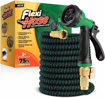 with 8 Function Nozzle, 25FT - Lightweight Expandable Garden Hose, No-Kink Flexibility, 3/4 Inch Solid Brass Fittings and Double Latex Core - Black and Green